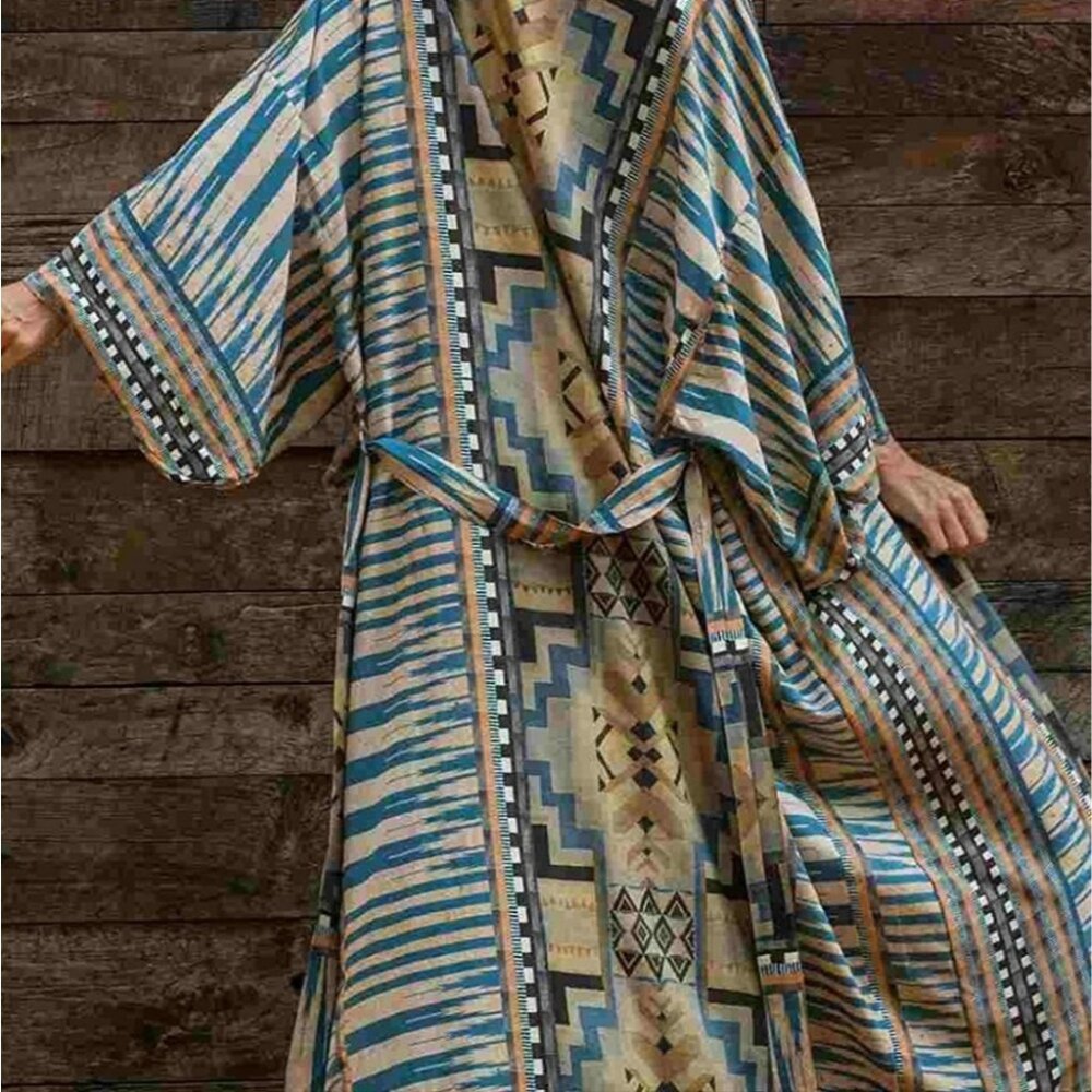 Unbranded Duster Kimono Women‎ OS Turquoise Southwestern Boho Western Chiffon - Picture 3 of 4